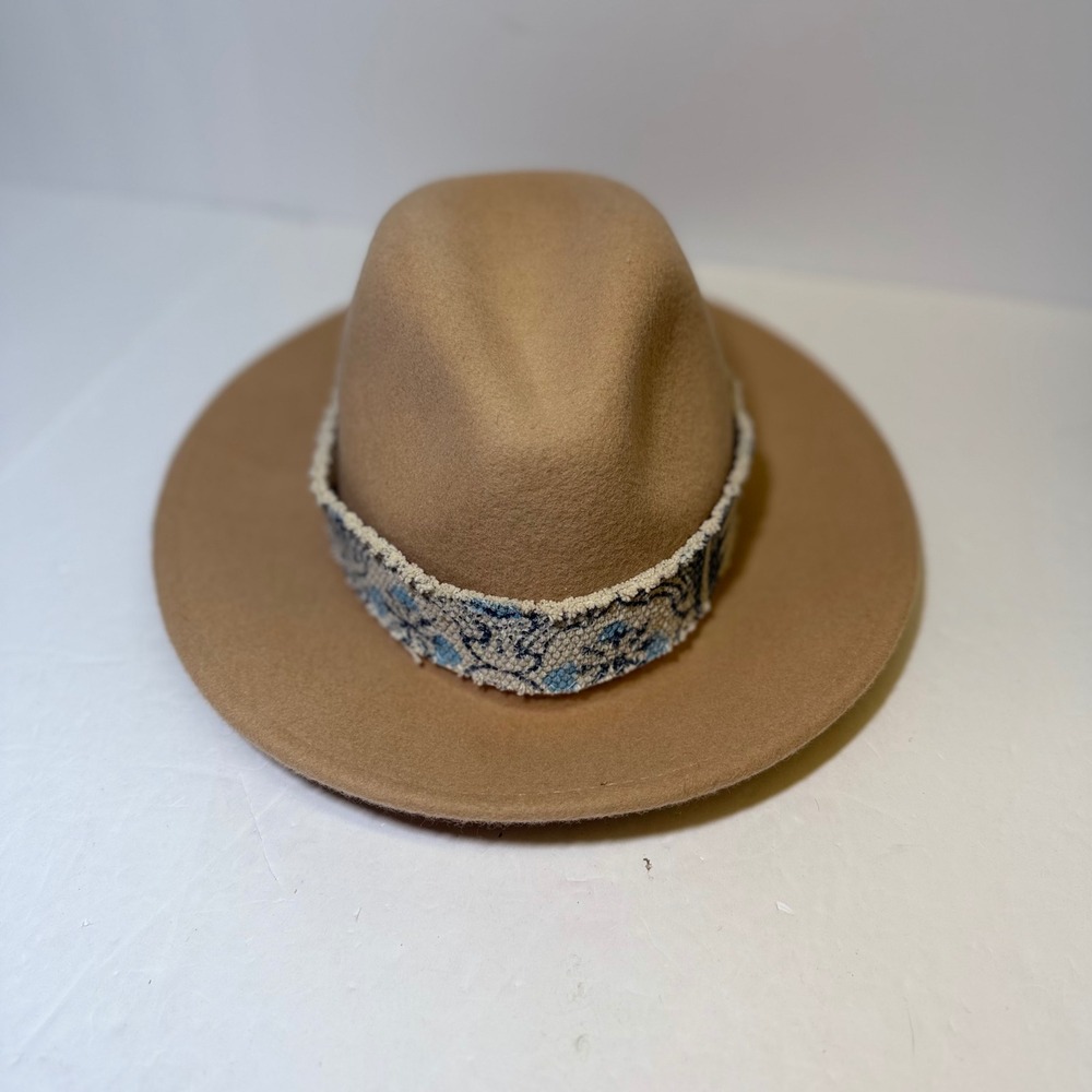 Original Brand Camel Tan 100% Wool Wide Brim Fedora Hat with Tapestry Band